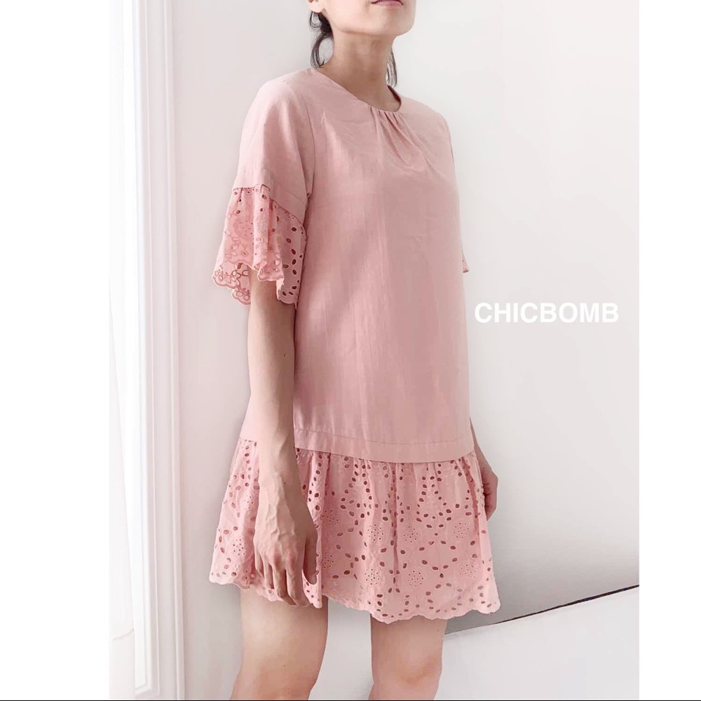 HARLOW EYELET BABYDOLL MINI DRESS DUSTY PINK